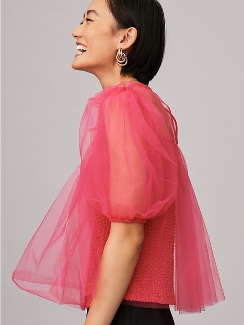 Anthropologie Hot Pink Tulle Babydoll Puff Sleeve Top - Picture 3 of 7